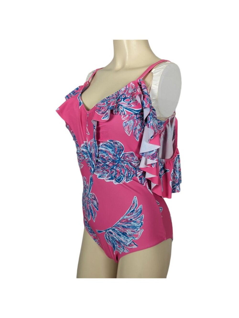 Nicole Miller One piece Leaves print pink blue cold shoulder ruffled Swimsuit S - Picture 5 of 13